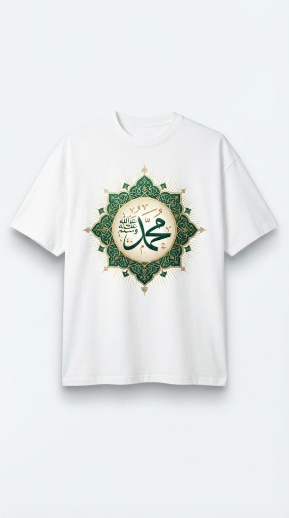 Mawlid Wear™ Premium Prophet Muhammad ﷺ Calligraphy T-Shirt – Islamic Green & Gold Heritage Design | Unisex White Tee