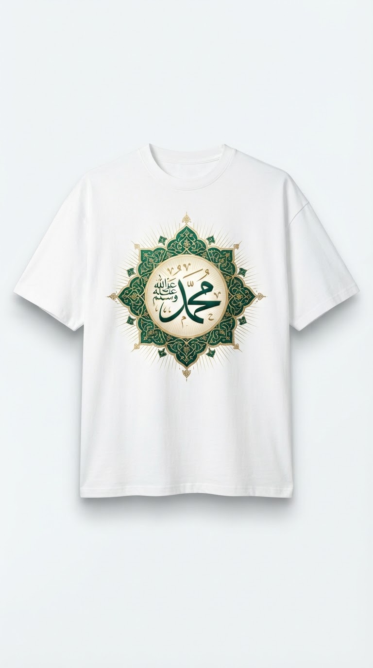 Mawlid Wear™ Premium Prophet Muhammad ﷺ Calligraphy T-Shirt – Islamic Green & Gold Heritage Design | Unisex White Tee